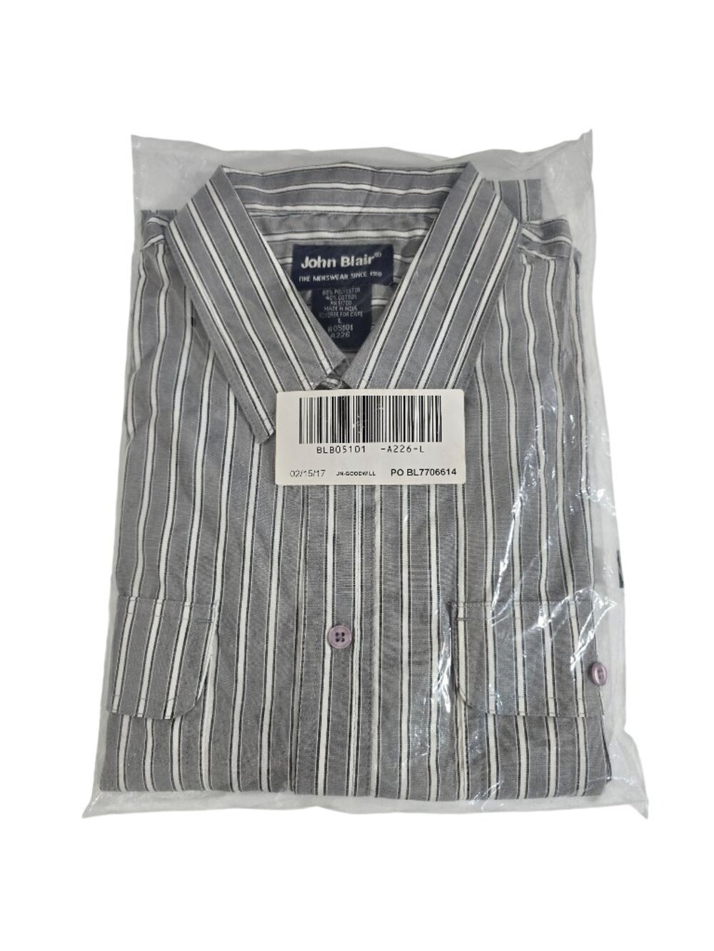 John Blair Mens Gray & White Striped Button-Up Shirt L Polyester Cotton Blend Ne
